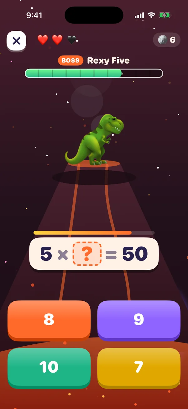A Dino Boss Battle: a T. rex on a volcano, a health bar, and 5 times blank equals 50.