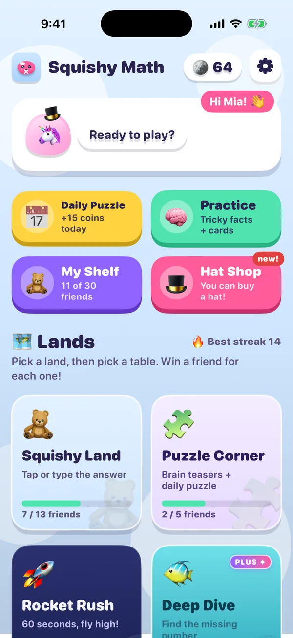 The app home screen: a hello from the player's squishy friend, Daily Puzzle, Practice, My Shelf and Hat Shop tiles, and world cards.