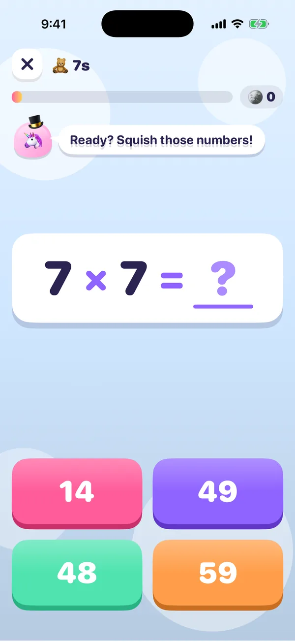 A Squishy Land round: 7 times 7 equals blank, with four big colored answer buttons.