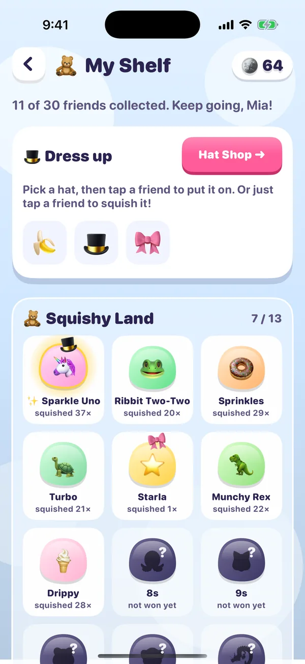 My Shelf: friends won so far, each wearing a hat, with a Dress up row of hats.