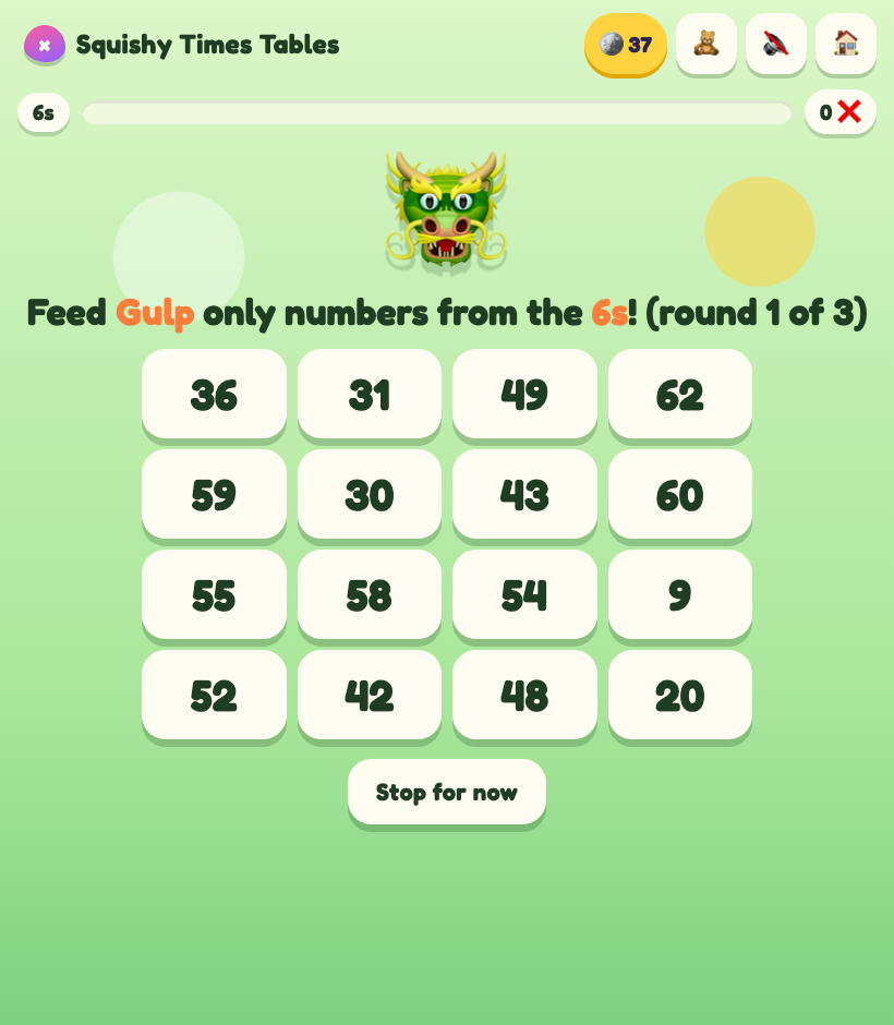 Monster Munch: a hungry monster above a 4-by-4 grid of numbers, only some of which belong to the 6s table.